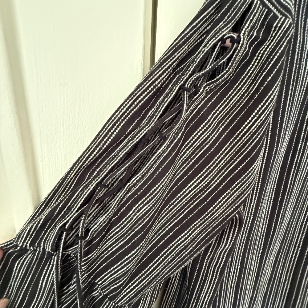Lucky Brand Black & White Striped Bell Sleeve Lace-upTop Size L - Picture 2 of 7